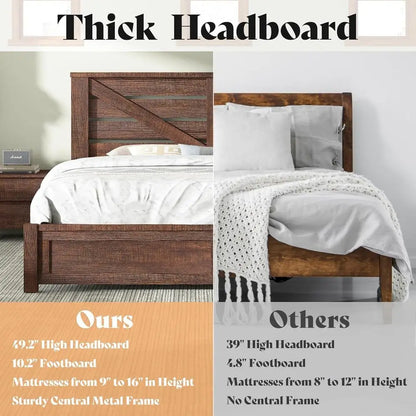 Reclaimed Barnwood Queen Bed Frame with 49.2 Barn Door Headboard, Platform Slat Design, Underbed Storage, Quiet