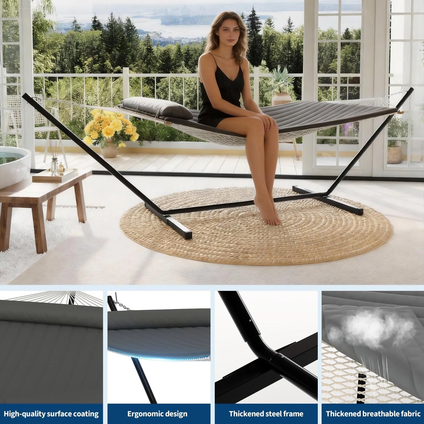 Portable Double Hammock With Stand, 2 Person Heavy Duty  For Outdoors With Pillow & Adjustable Steel Stand