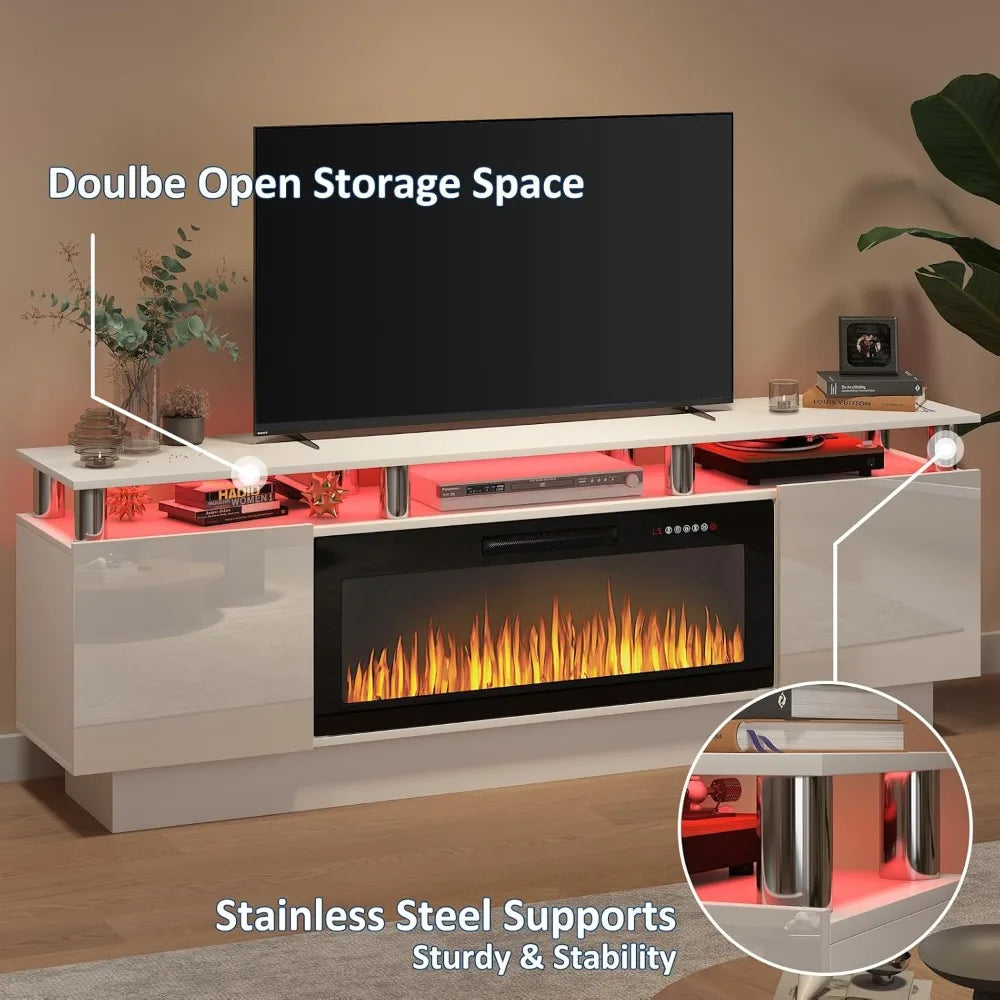 Fireplace TV Stand with 36" Electric Fireplace, 70" LED Light Entertainment Center with Storage,2 Tier Modern Wood Media TV Console
