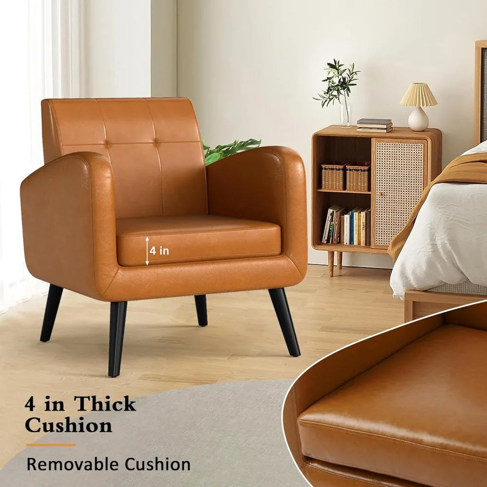 Accent Chairs Set of 2, Brown PU Leather Living Room Chairs, Upholstered Armchairs Single Sofa Chair