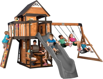 Canyon Creek Cedar Wood Swing Set with Wave Slide, Clubhouse, Play Kitchen, Picnic Area, Belt Swings, Web Swing, Rock Wall,