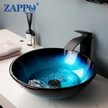 Tempered Above Counter Basin Glass Sink with Waterfall Faucet Tap