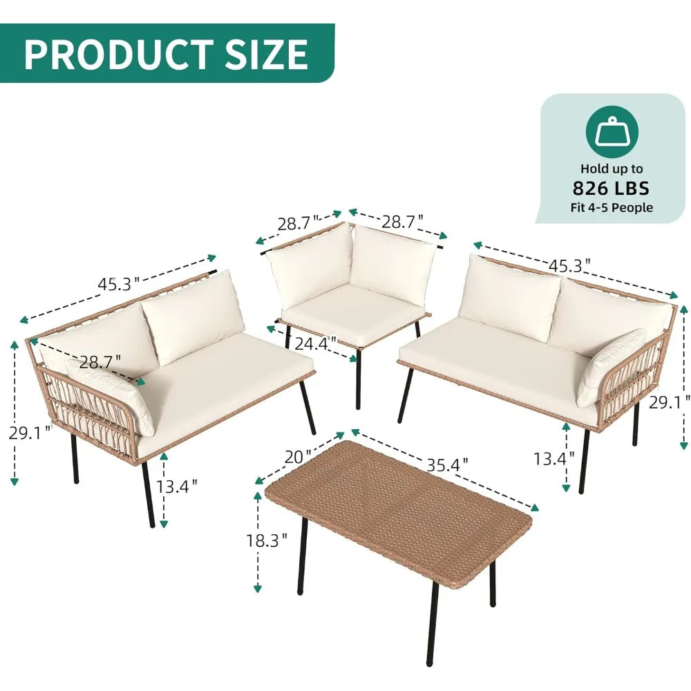 4-Piece Wicker Patio Furniture Set, All Weather PE Rattan, Sectional Sofa with Soft Cushions & Side Table