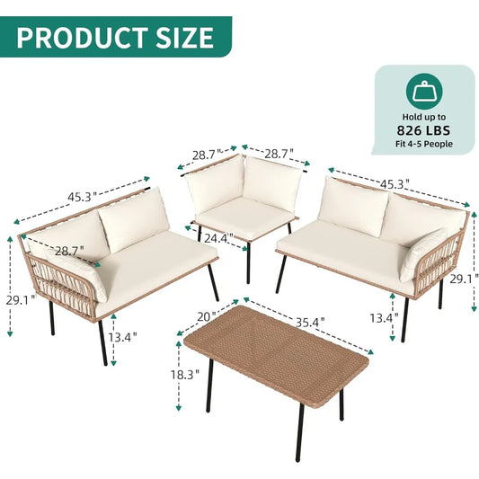4-Piece Wicker Patio Furniture Set, All Weather PE Rattan, Sectional Sofa with Soft Cushions & Side Table