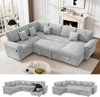 Sectional Sleeper Sofa with Pull Out Bed and Storage Chaise, Fluffy Soft Corduroy Fabric, Modern Comfy U Shaped Couch.