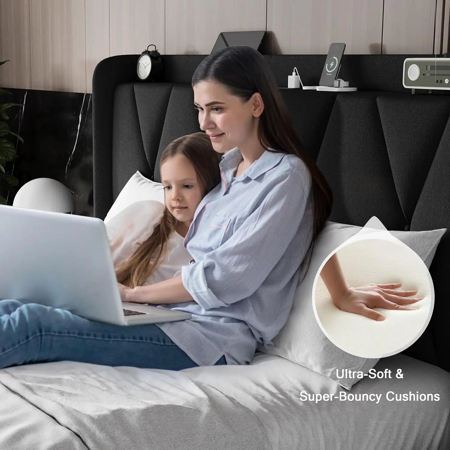 Full Size Bed Frame with Storage Drawers, Charging Station, and Upholstered Headboard - Easy Assembly, Black