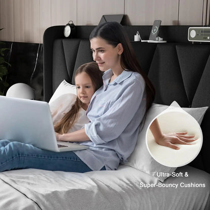 Full Size Bed Frame with Storage Drawers, Charging Station, and Upholstered Headboard - Easy Assembly, Black