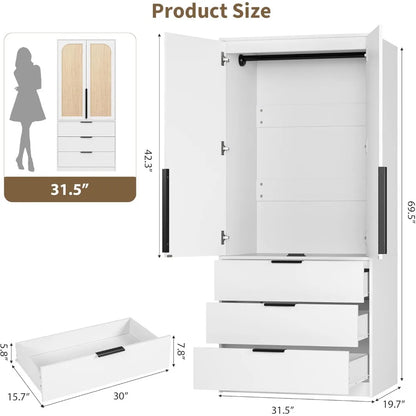Rattan Armoire Wardrobe Closet with Drawers and Doors, Wooden Wardrobe Cabinets for Hanging Clothes,Heavy Duty
