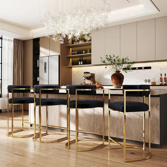 26'' Seat Height Velvet Bar Stools Set of 4, Counter Height, Gold Metal Frame and Footrest, Upholstered Barrel Back