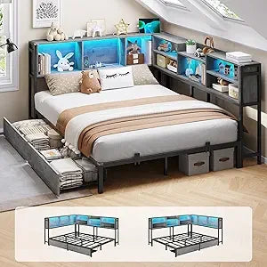 Full Corner Bed Frame with Bookcase Storage and Led Lights Metal Platform Bed Frame with 2 Drawers and Charging Station