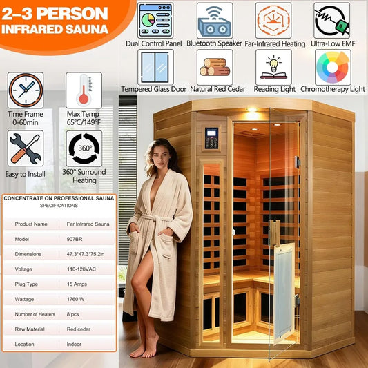 2-3 Person Corner Infrared Sauna, 1760W Low EMF, Red Cedar Wood with Heating Panels & Bluetooth