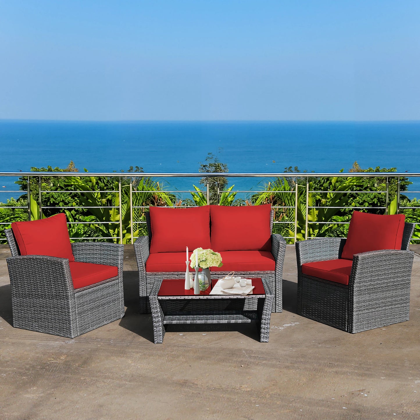 4PCS Patio Rattan Furniture Set Sofa Table W/Storage Shelf Red Cushion