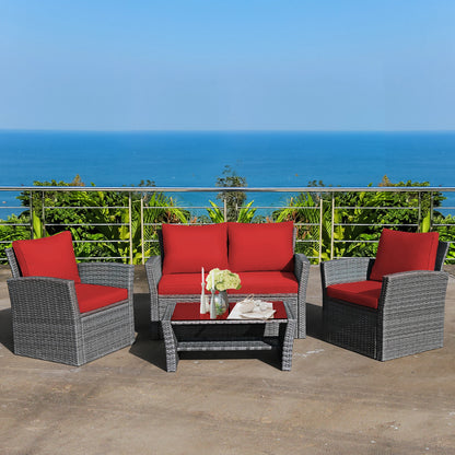 4PCS Patio Rattan Furniture Set Sofa Table W/Storage Shelf Red Cushion