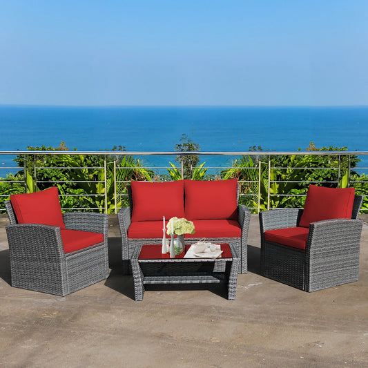 4PCS Patio Rattan Furniture Set Sofa Table W/Storage Shelf Red Cushion