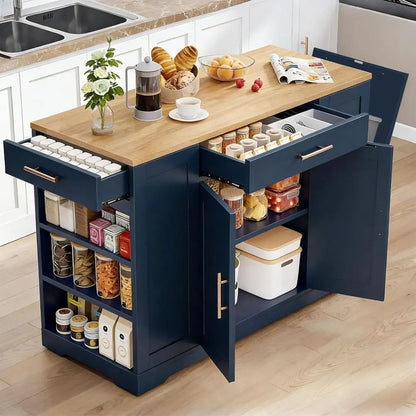 53 inch Large Rolling Kitchen Island with Trash Can Storage Cabinet, Portable Mobile Islands Table  Movable w Wheels