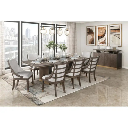 9-Piece Dining Set with Extension Table and 8 Armchairs, Upholstered Kitchen Furniture with Gold Tipping.