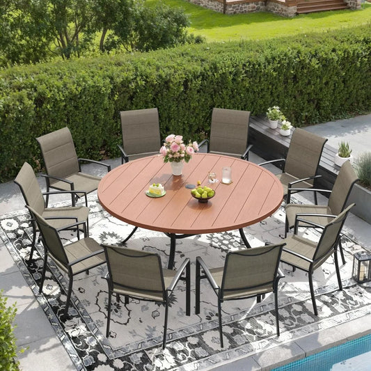 11 Pieces Outdoor Patio Dining Set, 10 Brown Stackable Padded Chairs, Walnut Round Metal Dining Table