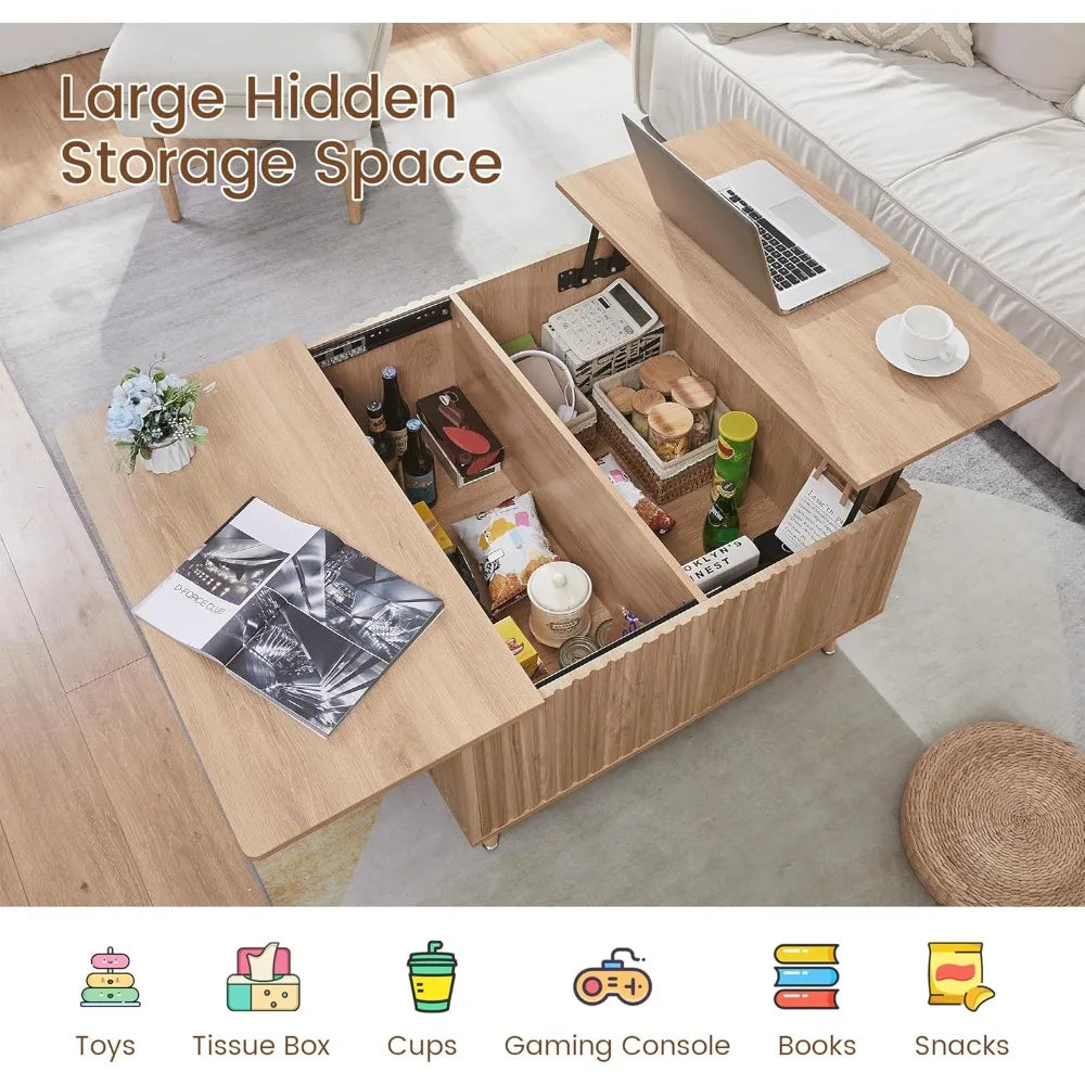 Square Coffee Table, 35” Lift Top Coffee Table with Storage, Fluted Coffee Tables with Lifting Top