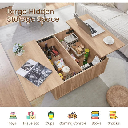 Square Coffee Table, 35” Lift Top Coffee Table with Storage, Fluted Coffee Tables with Lifting Top