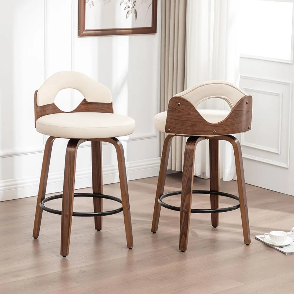 26" Swivel Bar Stools Set of 2,Mid Century Modern Beige Faux Leather Barstools, Wood Counter Height Bar Chairs with Low Back