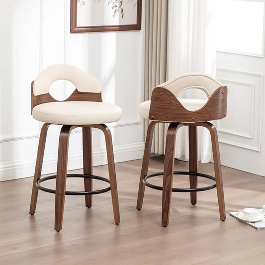 26" Swivel Bar Stools Set of 2,Mid Century Modern Beige Faux Leather Barstools, Wood Counter Height Bar Chairs with Low Back