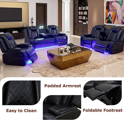 Hot sales, Power Recliner Sofa Set, Black Leather 3 Pieces Sectional Couch, Living Room Furniture Sets with Power