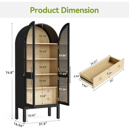 75 Inch Tall Modern Arched Kitchen Pantry Cabinet with Two Large Drawers and Lighting