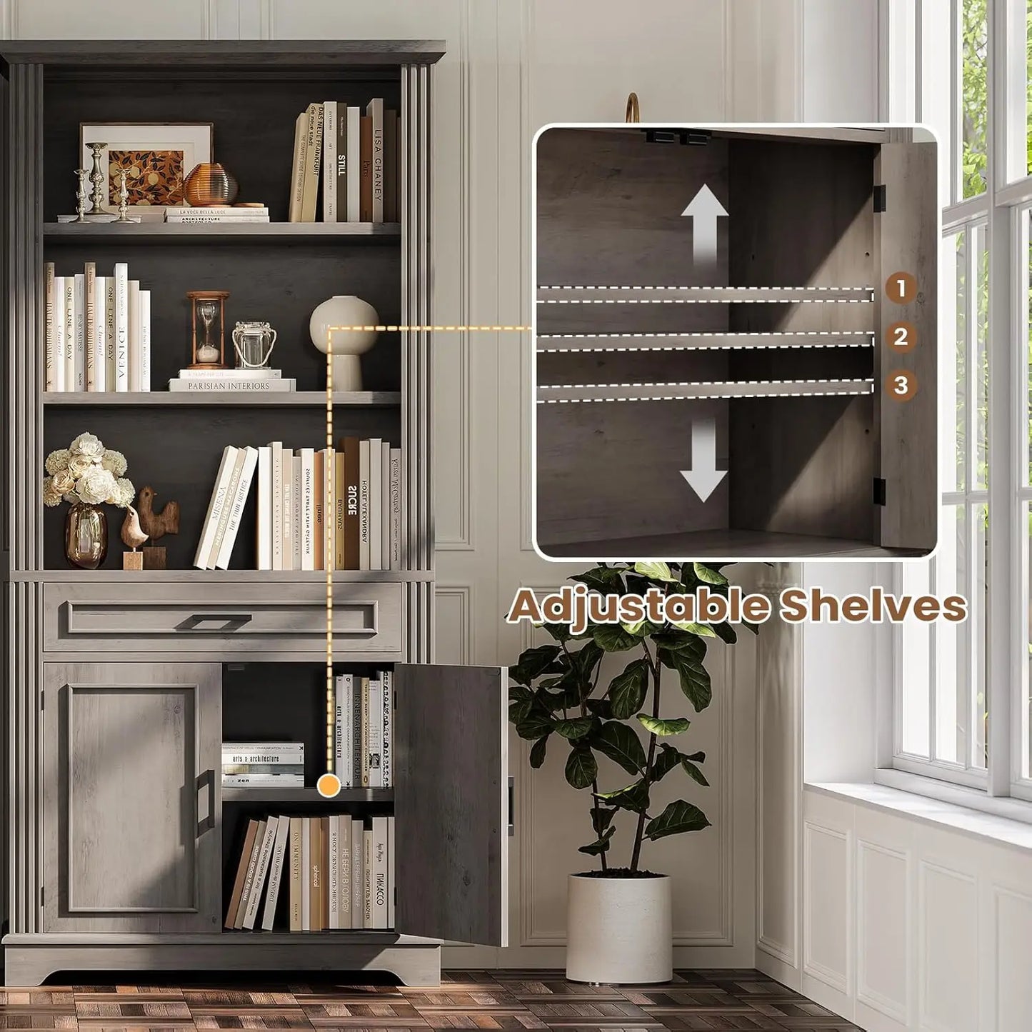 Farmhouse Bookshelves and Bookcases with Doors and Drawer, Bookshelf with Storage