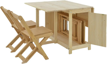 Solid, Natural, Unfinished Wood Folding Dining Table &Chair Set - Drop Leaf Design - Space-Saving,  with Storage