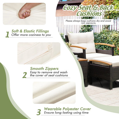 5PCS Patio Rattan Furniture Set, Sofa Ottoman Cushioned, Table W/Wood Top