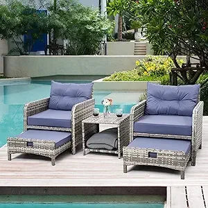 5 Pieces , Rattan Balcony Furniture with Ottomans, PE Wicker Outdoor Patio Chairs Set with Coffee Table