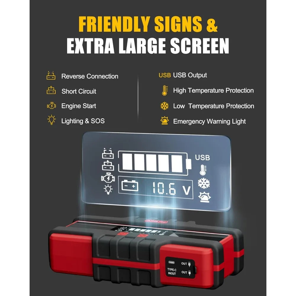 Portable Car Jump Starter, 12L Diesel Engines with 40W Fast Charging Smart LCD Display and Red Warning Light