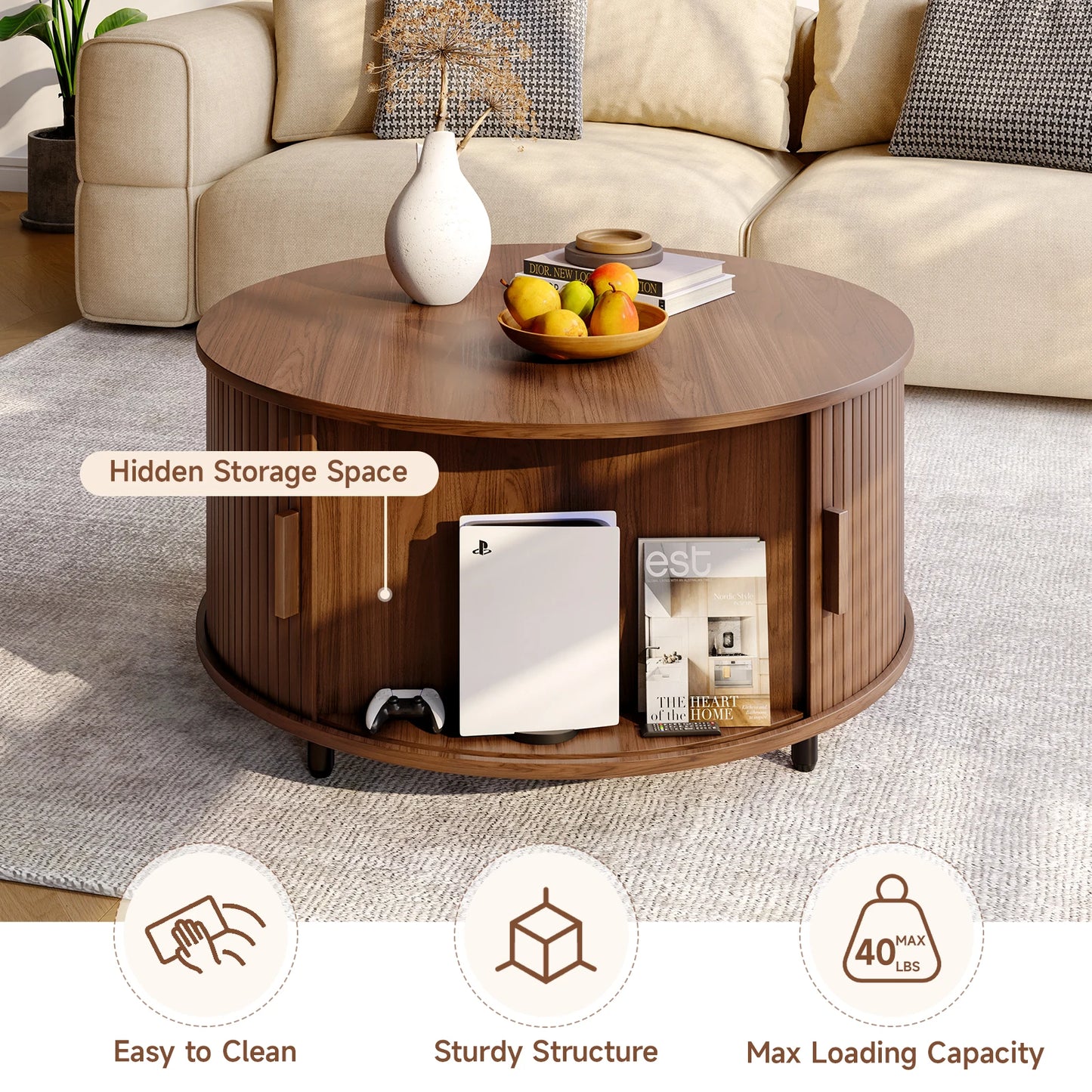 Round Coffee Table with Storage,31.5" Modern Coffee Table with Coffee Table with Sliding Doors