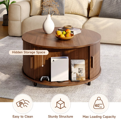 Round Coffee Table with Storage,31.5" Modern Coffee Table with Coffee Table with Sliding Doors