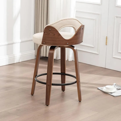 26" Swivel Bar Stools Set of 2,Mid Century Modern Beige Faux Leather Barstools, Wood Counter Height Bar Chairs with Low Back