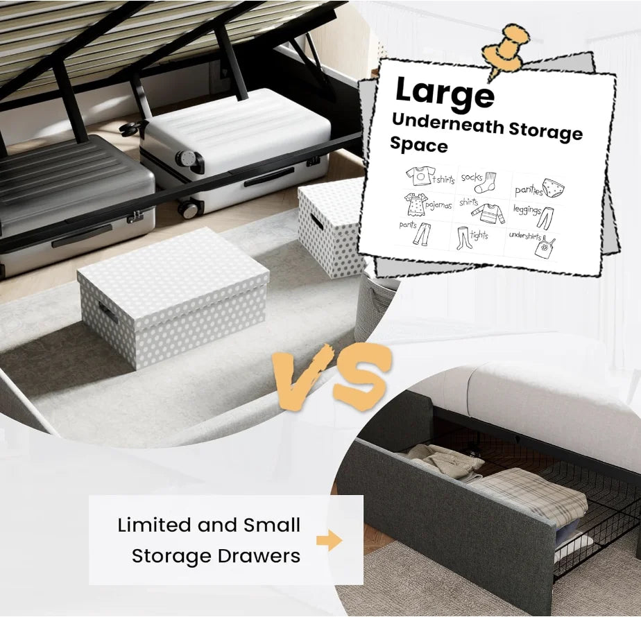 King Size Lift Up Storage Bed, Wingback Headboard/Upholstered Platform Bed Frame/Hydraulic Storage/No Box Spring Needed