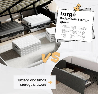 King Size Lift Up Storage Bed, Wingback Headboard/Upholstered Platform Bed Frame/Hydraulic Storage/No Box Spring Needed