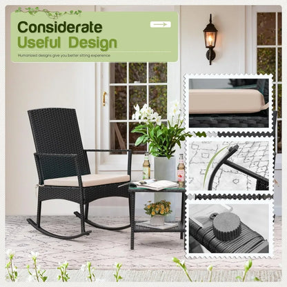 Rocking Chair Outdoor, Glass Table, High Back Porch Rocker for Balcony Garden Backyard (Beige)