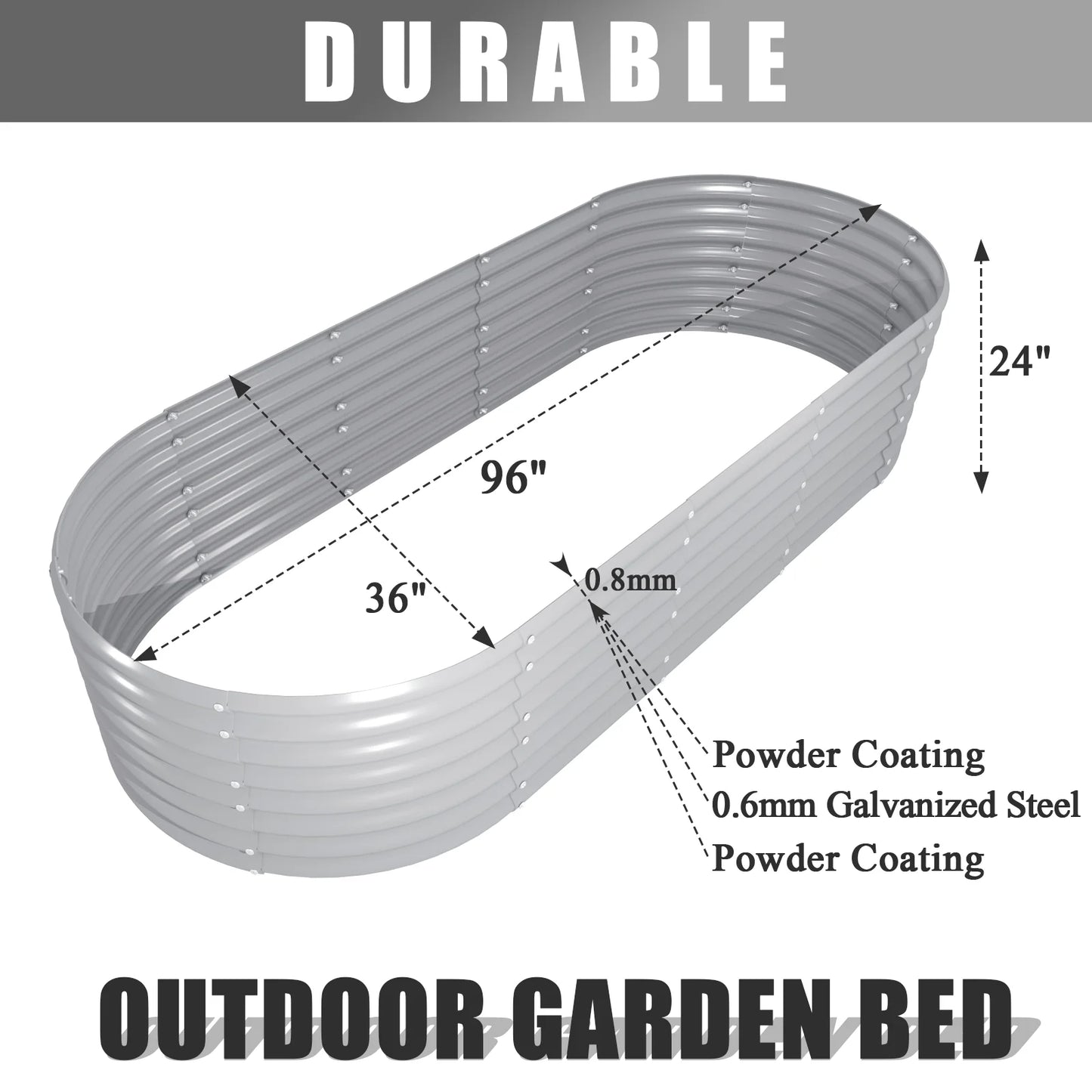 8x3x2FT Galvanized Raised Garden Bed Kit, Oval Outdoor Metal Ground Bottomless Planter Box