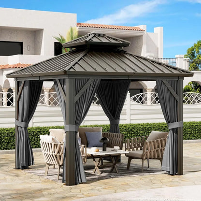10x10ft Outdoor Gazebo with Aluminum Frame, Double Roof, Curtain & Netting for Patio Garden
