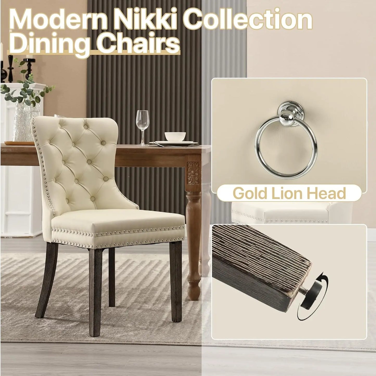 PU Leather Dining Chairs Set of 6, Dining Room Chairs with Solid Wood Legs and Pull Ring, Luxury, Customized
