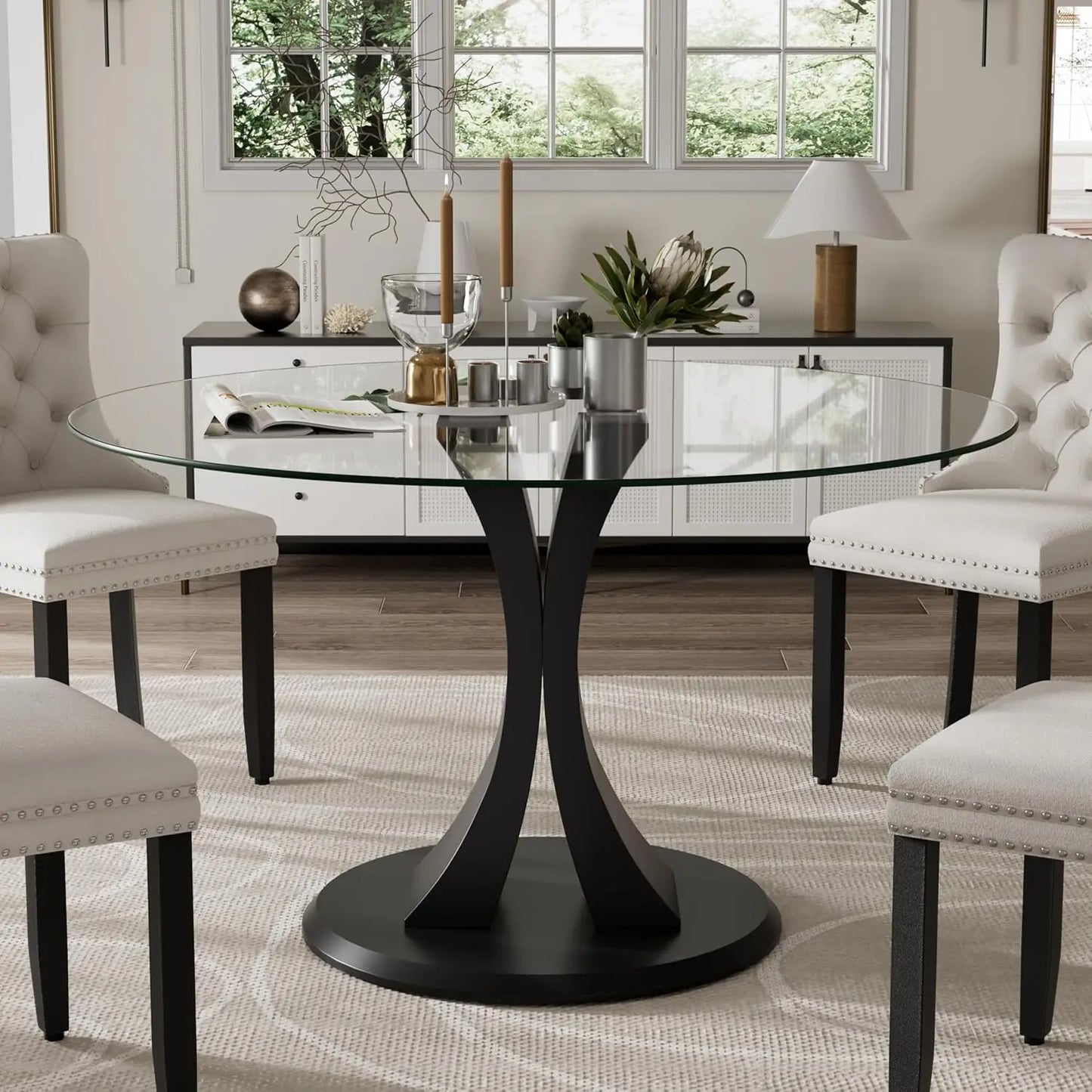 Round, 47" Glass Dining Table, with Robust Pedestal for Apartment Home Kitchen