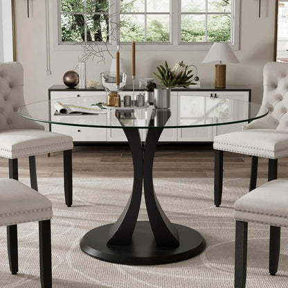 Round, 47" Glass Dining Table, with Robust Pedestal for Apartment Home Kitchen