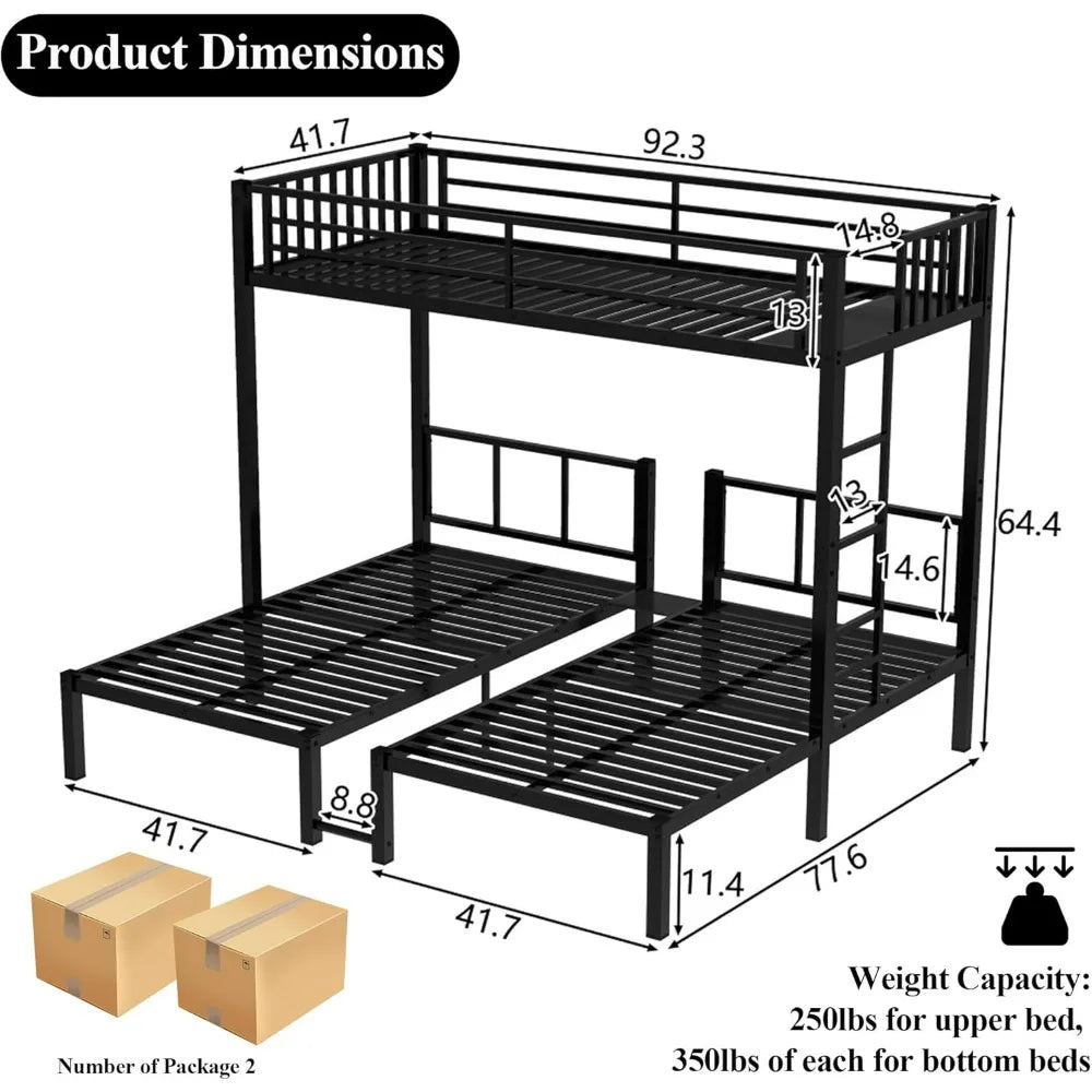 triple bunk bed with detachable twin over twin over twin metal frame, guardrails, ladder, and storage solutions