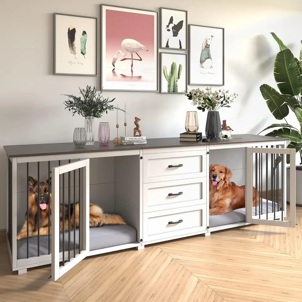 Dog Crate - Wooden Dog Kennel Furniture with 3 Drawer, Double Doors with Locks, 95x23x32H, White