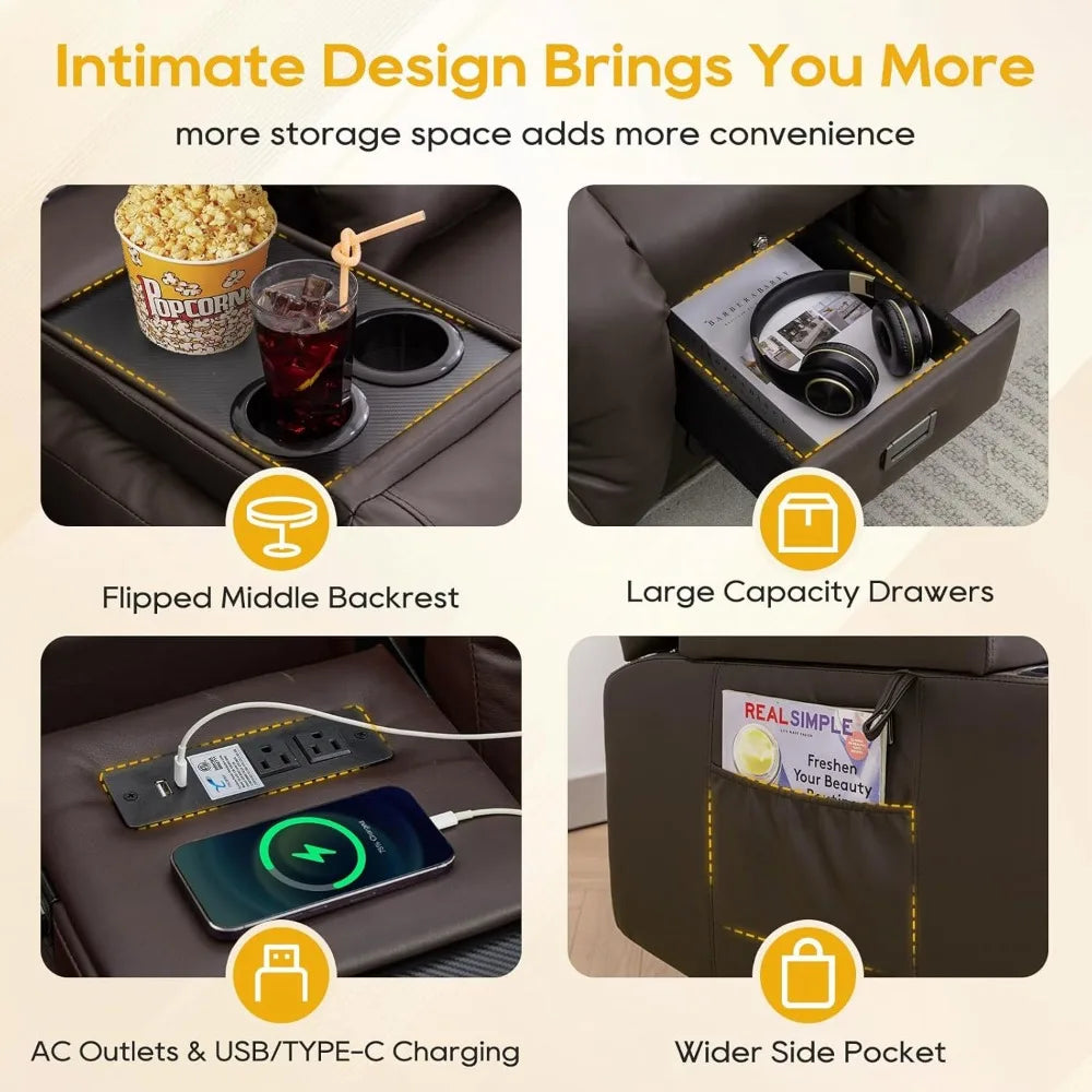 67" Power Reclining Loveseat Sofa, Theater Seating with Console, Ambient Lighting/Bluetooth Speakers/USB