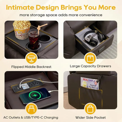 67" Power Reclining Loveseat Sofa, Theater Seating with Console, Ambient Lighting/Bluetooth Speakers/USB