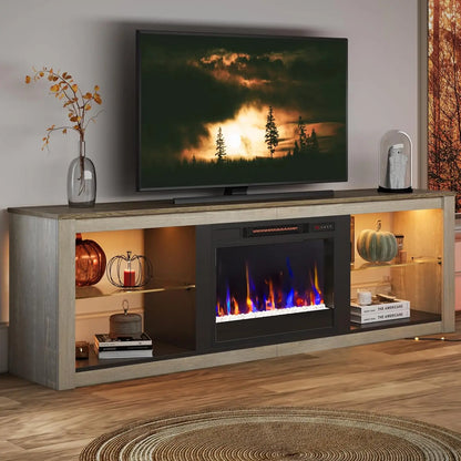 Fireplace TV Stand for 75 inch TV with 23 inch Electric Fireplace, 70 inch Entertainment Center  with LED Light