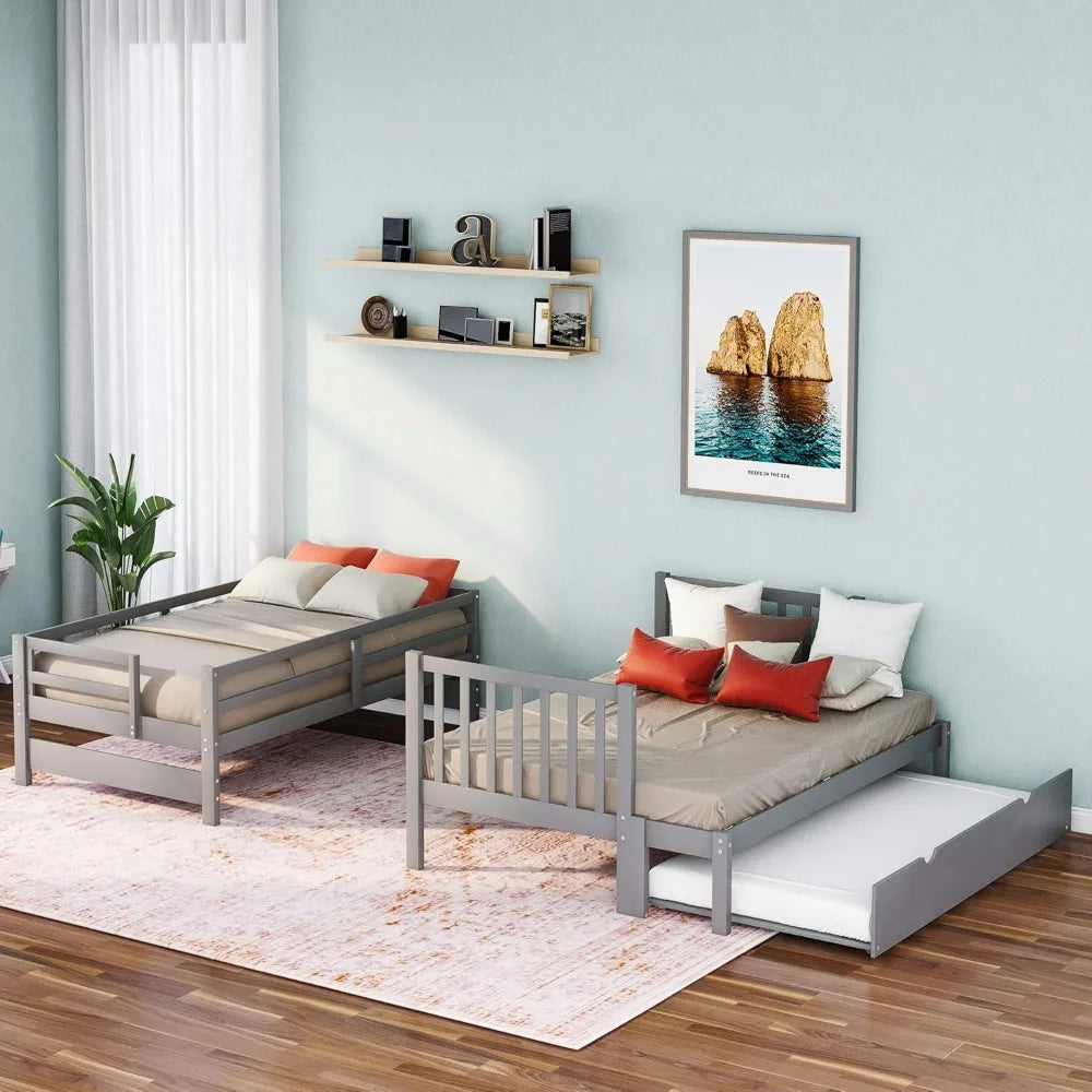 Stairway Twin Over Twin/Full Bunk Bed with Twin Size Trundle and Drawers, Solid Wood Bunk Bed, Staircase