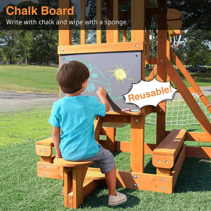 6-in-1 Wooden Playground Playsets for Backyards, Outdoor Swing Sets Ages 3-6, Little Playground Set with Picnic Table